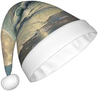 Moon and Sea Print Christmas Santa Hat Plush for Adults
