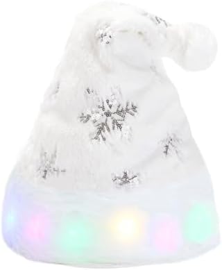 Flash Santa Hat for Adults Unisex White Plush Christmas Headwear with Snowflakes