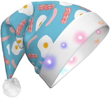 Hot Dog Egg Print Christmas Santa Hat Plush Light Up for Adults