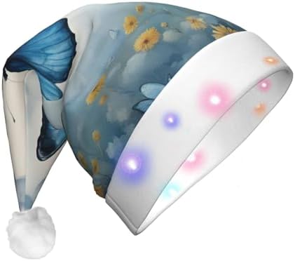 QINZHENG Blue Butterfly Velvet Santa Hat with LED Lights