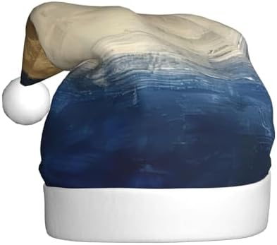 Gold Blue White Print Christmas Santa Hat Plush for Adult