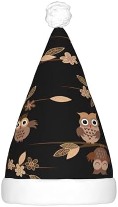 Cute Brown Cartoon Owls Christmas Santa Hat Plush Light Up Adult Party Hat