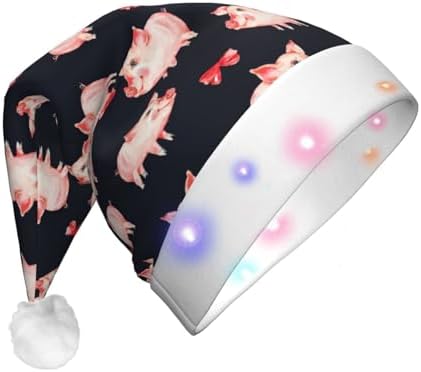 Red Cute Piggy Print LED Light-Up Santa Hat for Adults