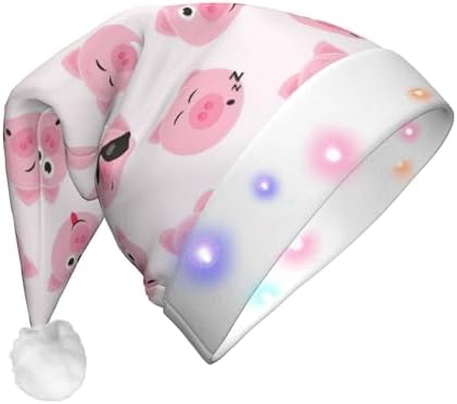 Funny Pink Pig Face Christmas Santa Hat Plush Light Up for Adult