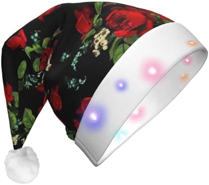 Beautiful Rose Print Christmas Santa Hat Plush Light Up Funny Adult Hat