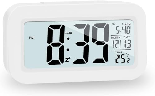Hooporia White Digital Alarm Clock with LCD Screen and Snooze