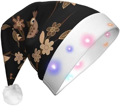 Cute Brown Cartoon Owls Christmas Santa Hat Plush Light Up Adult Party Hat