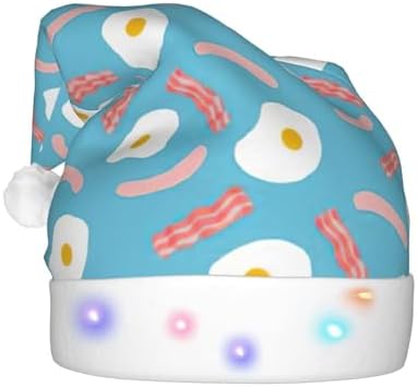 Hot Dog Egg Print Christmas Santa Hat Plush Light Up for Adults