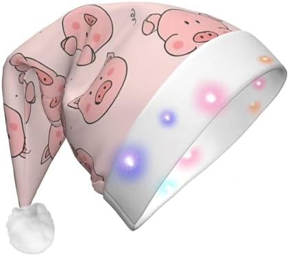 Pink Cute Pig Print LED Christmas Santa Hat Plush for Adults