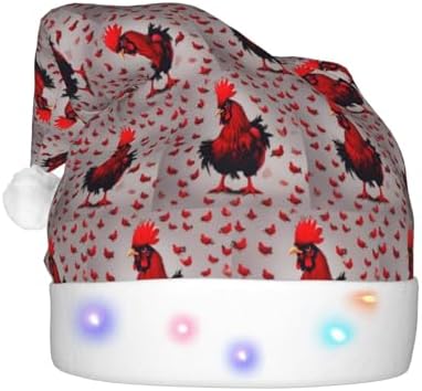 Red Chicken Print Christmas Santa Hat Plush LED Light Up Adult Party Hat