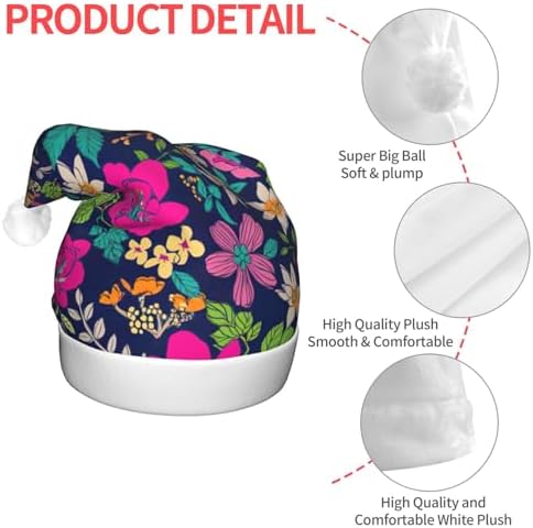 Flowers Print Christmas Santa Hat Plush with LED Light for Adults