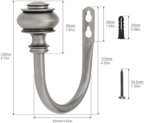 Curtain Holdbacks 4 Pack Grey Wall Mounted Hooks