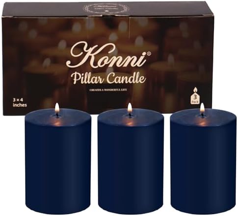 KONNI Navy Blue Pillar Candles Set of 3 3x4
