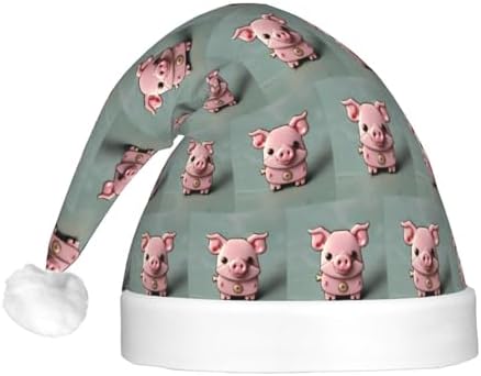 Pink Pig Print Christmas Santa Hat Plush Light Up for Adult