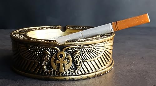 Egyptian Theme Ankh Dual Cobra Winged Scarab Ashtray Figurine 4 Inch
