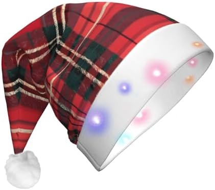 Plaid Red and Black Christmas Santa Hat Plush Light Up for Adults