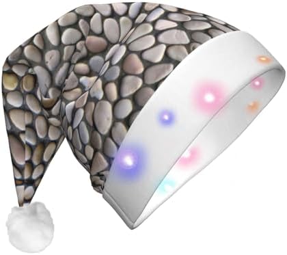 Pebble Stone Print Christmas Santa Hat Plush Light Up for Adults