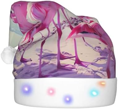 Flock of Pink Flamingos Christmas Santa Hat Plush Light Up Funny Adult Hat