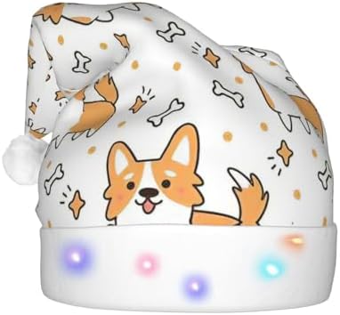 Dog Print Christmas Santa Hat Plush Light Up for Adult Party