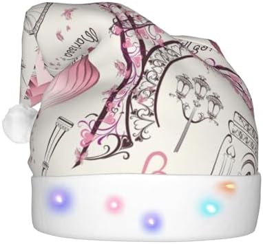 Dog and Paris Towe Print Santa Hat Plush Light Up for Adults