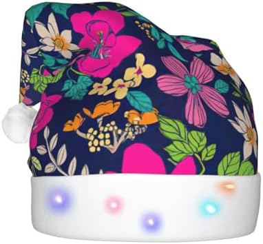 Flowers Print Christmas Santa Hat Plush with LED Light for Adults
