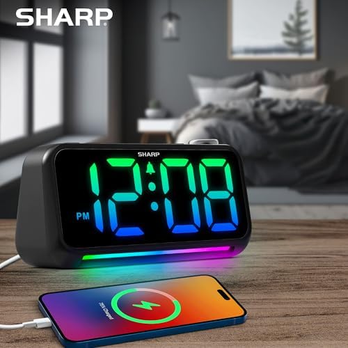 Sharp Loud Alarm Clock with RGB Night Light and USB Charger