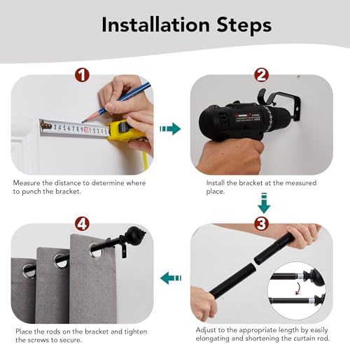 Deconovo Heavy Duty Black Curtain Rod Adjustable 48-84 Inch