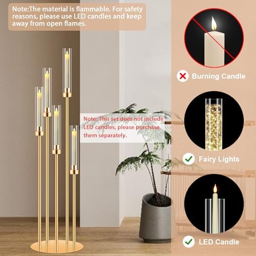 2 Sets Gold Candelabra Centerpieces with LED Candles