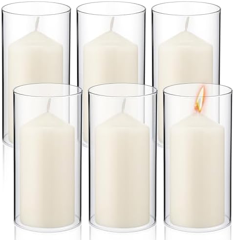 Yaomiao 6 Set Hurricane Candle Holder Sleeves with Unscented Pillar Candles
