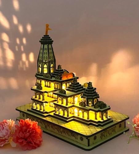 Multi Shri Ram Mandir 3D Model Wooden Temple with LED Lighting 6x5x3inch