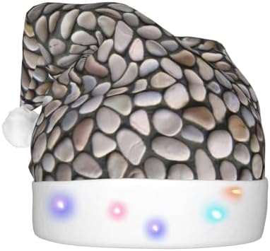 Pebble Stone Print Christmas Santa Hat Plush Light Up for Adults