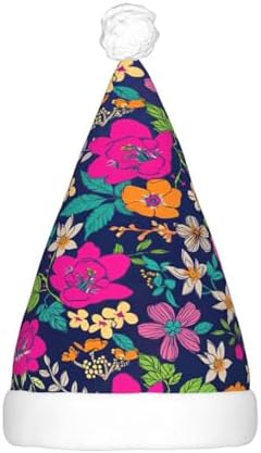 Flowers Print Christmas Santa Hat Plush with LED Light for Adults