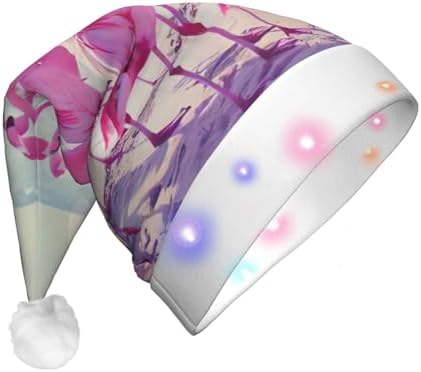 Flock of Pink Flamingos Christmas Santa Hat Plush Light Up Funny Adult Hat