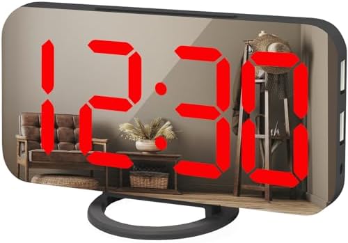WulaWindy Digital Alarm Clock with USB Charger and Large Mirror Display
