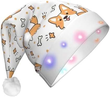 Dog Print Christmas Santa Hat Plush Light Up for Adult Party