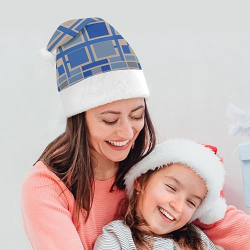 Santa Hat Blue Beige Square Pattern Christmas Headwear