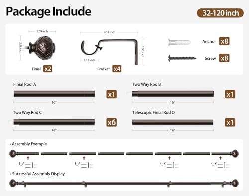 TONIAL Curtain Rod 32 to 120 Inches Bronze Adjustable Single Rods
