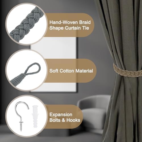 Uxcell 4Pcs Rope Curtain Tiebacks with Metal Hooks Dark Gray