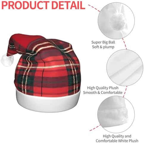 Plaid Red and Black Christmas Santa Hat Plush Light Up for Adults