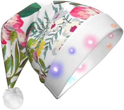 Hibiscus Flowers Christmas Santa Hat Plush Light Up Funny Adult Party Hat