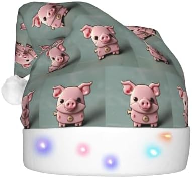 Pink Pig Print Christmas Santa Hat Plush Light Up for Adult
