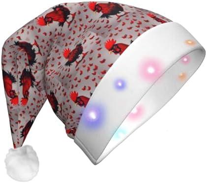 Red Chicken Print Christmas Santa Hat Plush LED Light Up Adult Party Hat