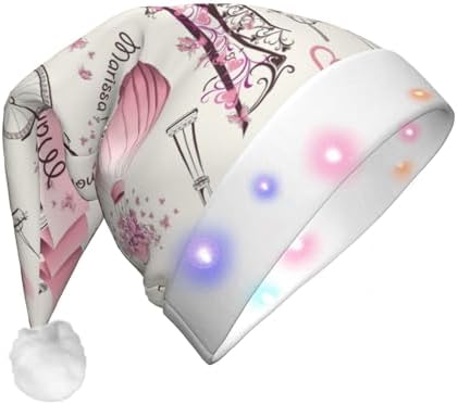 Dog and Paris Towe Print Santa Hat Plush Light Up for Adults