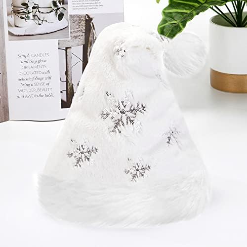 Flash Santa Hat for Adults Unisex White Plush Christmas Headwear with Snowflakes