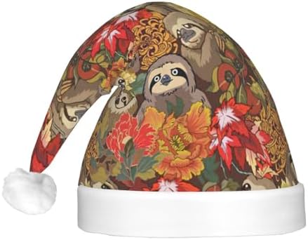Funny Sloths Print LED Christmas Santa Hat Plush for Adults
