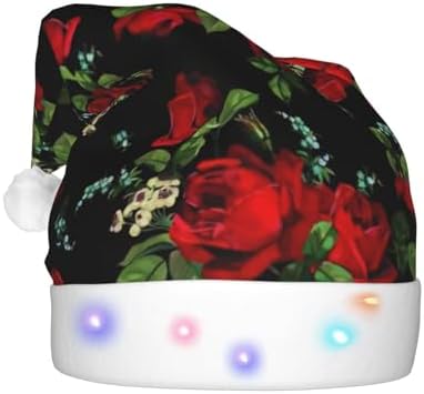 Beautiful Rose Print Christmas Santa Hat Plush Light Up Funny Adult Hat