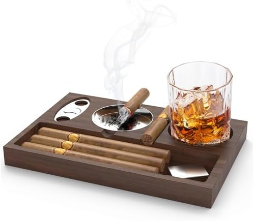 Wooden Cigar Ashtray with Cutters and Whiskey Glass Holder