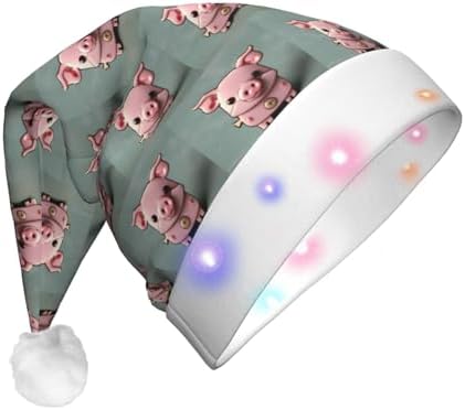 Pink Pig Print Christmas Santa Hat Plush Light Up for Adult