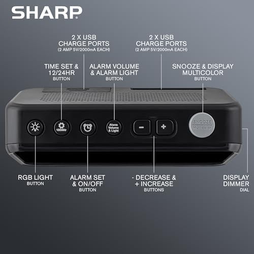 Sharp Loud Alarm Clock with RGB Night Light and USB Charger