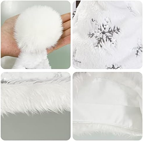 Flash Santa Hat for Adults Unisex White Plush Christmas Headwear with Snowflakes